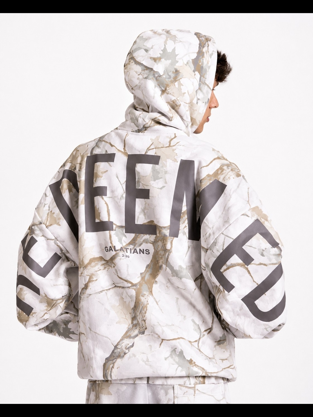 GLO Unisex Camo Print Hooded Jacket with 'REDEEMED' Graphic - White/Tan